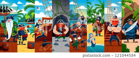 Cartoon pirate sailors and corsair characters collage of captain skipper, vector background. Caribbean adventure collage with pirate ship at treasure island, mermaid siren and corsair sailor with gun Cartoon pirate sailors and corsair characters collage of captain skipper, vector background. Caribbean adventure collage with pirate ship at treasure island, mermaid siren and corsair sailor with gun 121044584
