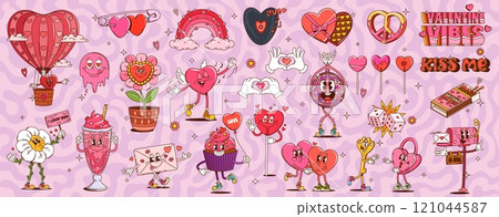 Cartoon groovy Valentines Day characters and love symbols. Retro hippie Valentine pink heart, flower and candy vector personages. Groovy Valentines letter envelope, cake, hippy daisy and heart peace 121044587