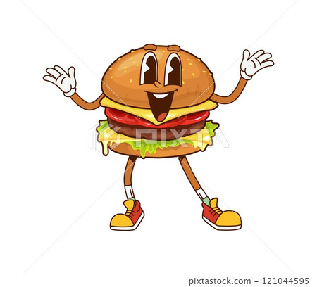 Cartoon fast food hamburger happy groovy character. Street restaurant meal personage, junk cafe snack or fast food menu hamburger sandwich cute retro groovy isolated vector mascot or character Cartoon fast food hamburger happy groovy character. Street restaurant meal personage, junk cafe snack or fast food menu hamburger sandwich cute retro groovy isolated vector mascot or character 121044595
