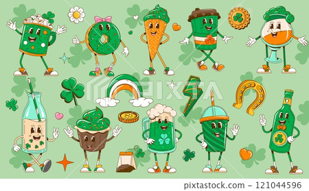 Cartoon retro groovy Saint Patrick day holiday characters and symbols. Funny St Patricks dessert food and drinks vector personages. Irish coffee, green beer and cocktail, ice cream, cake and shamrock Cartoon retro groovy Saint Patrick day holiday characters and symbols. Funny St Patricks dessert food and drinks vector personages. Irish coffee, green beer and cocktail, ice cream, cake and shamrock 121044596