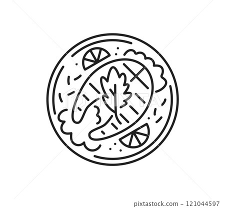 Salmon fish meat meal thin line icon. Restaurant seafood dish, fish meat cooking linear icon, tuna raw product, culinary meal ingredient outline vector pictogram or sign with salmon steak on plate Salmon fish meat meal thin line icon. Restaurant seafood dish, fish meat cooking linear icon, tuna raw product, culinary meal ingredient outline vector pictogram or sign with salmon steak on plate 121044597