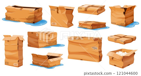 Wet and damaged crumpled boxes, crushed and ripped cargo parcel, broken delivery cardboard packages. Vector set of spoiled soaked parcels showing logistics challenges and postal shipping issues 121044600