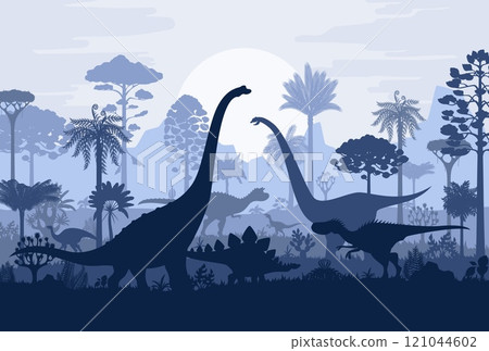 Tropical rainforest with prehistoric dinosaurs silhouettes in jungle forest, vector background. Dinosaurs, dino lizards and reptiles silhouettes in Jurassic rainforest for museum or paleontology atlas Tropical rainforest with prehistoric dinosaurs silhouettes in jungle forest, vector background. Dinosaurs, dino lizards and reptiles silhouettes in Jurassic rainforest for museum or paleontology atlas 121044602