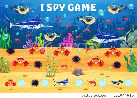 I spy game worksheet with underwater sea animals. Vector educational activity, riddle for spotting cartoon crabs, fish, swordfish, urchin and pufferfish on the ocean bottom, enhancing counting skills 121044610