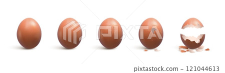 Realistic broken egg with cracks and shell pieces, vector 3d chick hatching sequences, farm bird incubator or food themes. 3d broken brown egg with from whole to cracked and split eggshell stages 121044613