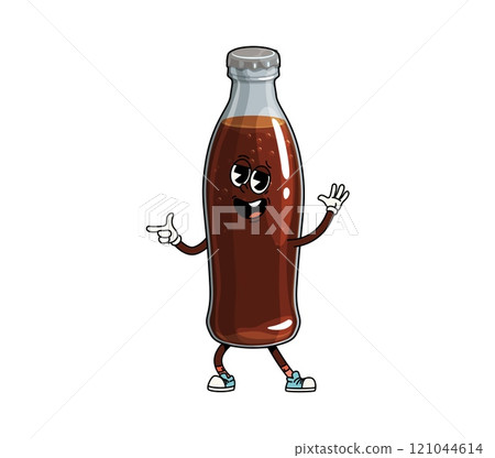 Groovy fast food soda drink bottle character energetically posing with finger gun gesture, captures playful funky y2k vibe. Isolated cartoon vector cheerful refreshment beverage personage exudes joy Groovy fast food soda drink bottle character energetically posing with finger gun gesture, captures playful funky y2k vibe. Isolated cartoon vector cheerful refreshment beverage personage exudes joy 121044614