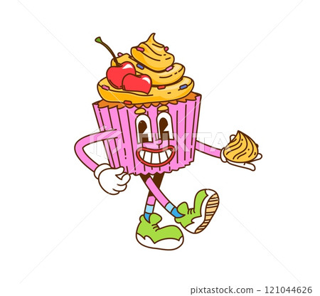 Retro cartoon groovy cupcake hippie fast food character. Vector muffin bakery and pastry personage topped with cream and cherries, joyfully holding creamy dollop with happy face, exudes playful vibe 121044626