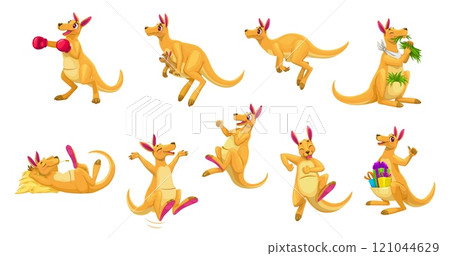 Cartoon funny kangaroo animal characters in different poses and activities like boxing, jumping, relaxing, carrying joeys, eating, and holding gifts. Vector set of funny personages for children book 121044629