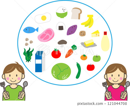 Various foods and boys and girls Various foods and boys and girls 121044708