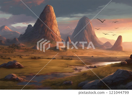 Prehistoric landscape at sunset - Generative ai 121044799