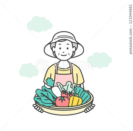 Illustration of an elderly woman holding vegetables harvested from her home garden Illustration of an elderly woman holding vegetables harvested from her home garden 121044981