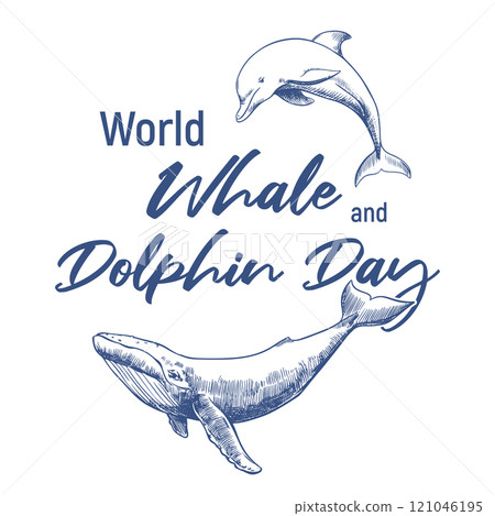 Whale and Dolphin Day poster. Concept of the problem of preserving animal diversity in the ocean. Vector linear drawing of a humpback whale and an orca. T-shirt print. Whale and Dolphin Day poster. Concept of the problem of preserving animal diversity in the ocean. Vector linear drawing of a humpback whale and an orca. T-shirt print. 121046195