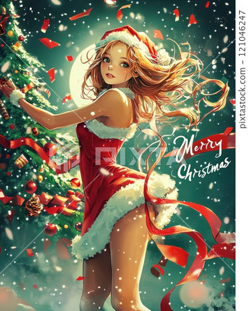 Female Santa Claus for Christmas 2025. Anime style. 121046247