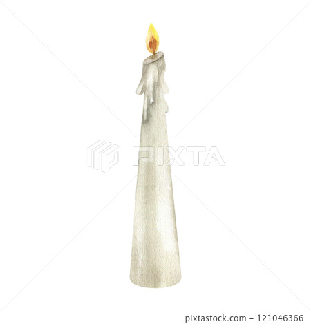 White candle with flame watercolor illustration. Hand drawn burning cozy home and interior element, wax object clipart for Easter, Christmas and wedding ceremony invitation, poster, card design White candle with flame watercolor illustration. Hand drawn burning cozy home and interior element, wax object clipart for Easter, Christmas and wedding ceremony invitation, poster, card design 121046366