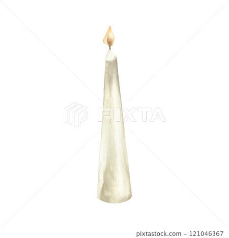 Wax candle with burning flame watercolor isolated element. Hand drawn white scandy candle for interior, home decor. Spa and wellness poster, business card, web design. Religion and church symbol 121046367