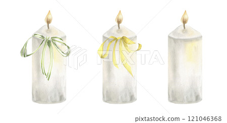 Glowing candles watercolor set with white wax elements and colorful bows decorations illustration.Hand drawn set with cozy interior clipart. Religion,wedding symbol, christening invitation, card decor Glowing candles watercolor set with white wax elements and colorful bows decorations illustration.Hand drawn set with cozy interior clipart. Religion,wedding symbol, christening invitation, card decor 121046368