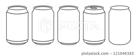 Soda, beer aluminium can icon shape outline set. Line art Drink packing container logo, sign, silhouette collection. Vector illustration image. Isolated on white background. 121046383