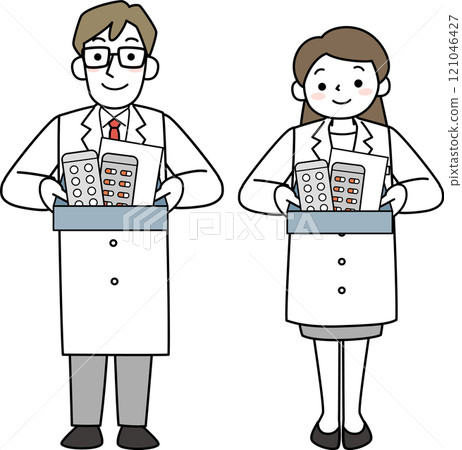 微笑的藥劑師女人和男人面向前方 121046427