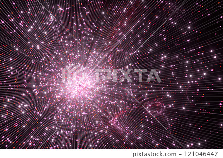 Glowing pink particles with trails, 3d rendering. Glowing pink particles with trails, 3d rendering. 121046447