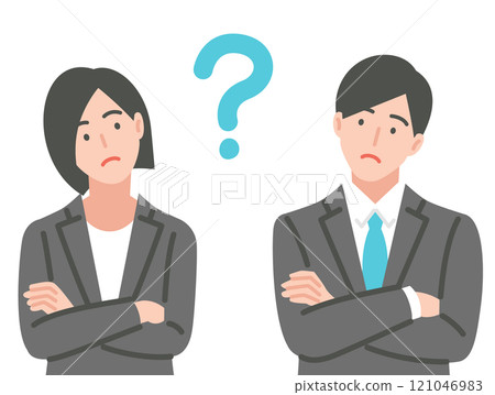 Young men and women in suits with doubts 121046983