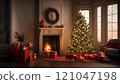 Christmas tree illuminating cozy living room with fireplace 121047198