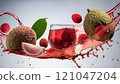 Lychee juice splashing with fresh fruits and leaves 121047204