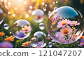 Enchanting Flowers Captured Within Magical Soap Bubbles in Sunlit Garden 121047207