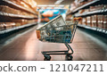 Shopping Cart Filled With Money in Grocery Store Aisle 121047211