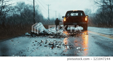 Two cars crashed into each other on the highway while it was raining. Two cars crashed into each other on the highway while it was raining. 121047244