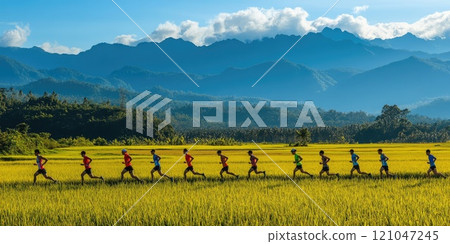 Group of runners doing a morning jog in the green rice fields and beautiful mountains. Group of runners doing a morning jog in the green rice fields and beautiful mountains. 121047245