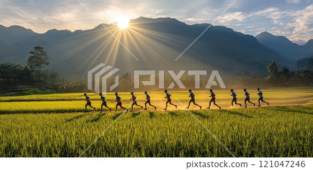Group of runners doing a morning jog in the green rice fields and beautiful mountains. 121047246