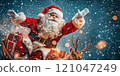 Santa Claus is having fun in his sleigh pulled by reindeer while giving out Christmas gifts. 121047249