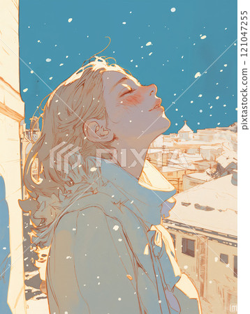 A woman looking up at the snowy sky A woman looking up at the snowy sky 121047255