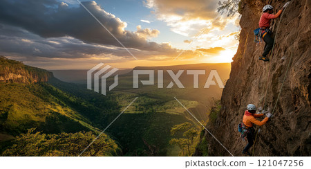 Group of climbers working together to scale a steep cliff, with one person assisting another as they ascend. The scene is set against a breathtaking backdrop of vast mountains, rolling hills, and a Group of climbers working together to scale a steep cliff, with one person assisting another as they ascend. The scene is set against a breathtaking backdrop of vast mountains, rolling hills, and a 121047256