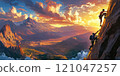 Group of climbers working together to scale a steep cliff, with one person assisting another as they ascend. The scene is set against a breathtaking backdrop of vast mountains, rolling hills, and a 121047257