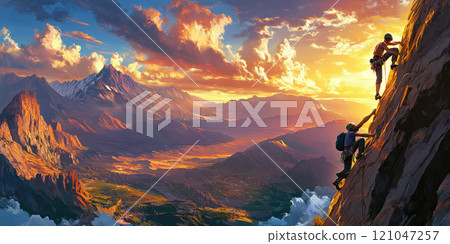Group of climbers working together to scale a steep cliff, with one person assisting another as they ascend. The scene is set against a breathtaking backdrop of vast mountains, rolling hills, and a 121047257