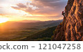 Group of climbers working together to scale a steep cliff, with one person assisting another as they ascend. The scene is set against a breathtaking backdrop of vast mountains, rolling hills, and a 121047258
