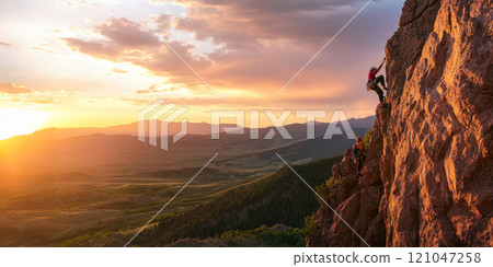 Group of climbers working together to scale a steep cliff, with one person assisting another as they ascend. The scene is set against a breathtaking backdrop of vast mountains, rolling hills, and a Group of climbers working together to scale a steep cliff, with one person assisting another as they ascend. The scene is set against a breathtaking backdrop of vast mountains, rolling hills, and a 121047258