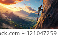 Group of climbers working together to scale a steep cliff, with one person assisting another as they ascend. The scene is set against a breathtaking backdrop of vast mountains, rolling hills, and a 121047259