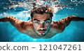 Male swimmer practicing swimming in a blue pool 121047261