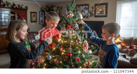 Children are joyfully decorating a Christmas tree together inside a cozy home, preparing for the upcoming holiday season Children are joyfully decorating a Christmas tree together inside a cozy home, preparing for the upcoming holiday season 121047344
