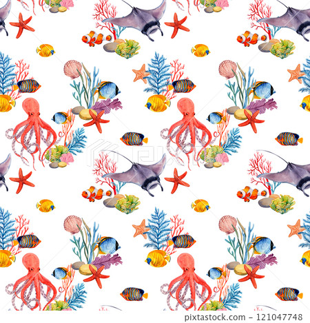 Tropical fish, bright, colorful with corals and marine animals. Watercolor illustration. Seamless pattern on a white background. For the design of fabrics, textiles, wallpapers, prints. 121047748