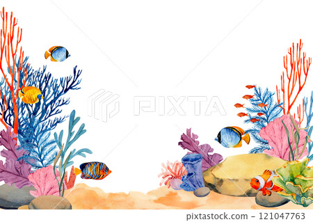 Coral reefs with tropical fish, rocks and algae. Underwater landscape. Bright watercolor illustration. The plot for the design of banners, souvenirs, postcards, posters, design and printing Coral reefs with tropical fish, rocks and algae. Underwater landscape. Bright watercolor illustration. The plot for the design of banners, souvenirs, postcards, posters, design and printing 121047763