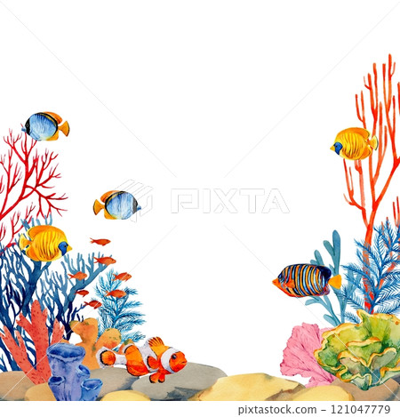 Coral reefs with tropical fish, rocks and algae. Underwater landscape. Bright watercolor illustration. The plot for the design of banners, souvenirs, postcards, posters, design and printing Coral reefs with tropical fish, rocks and algae. Underwater landscape. Bright watercolor illustration. The plot for the design of banners, souvenirs, postcards, posters, design and printing 121047779