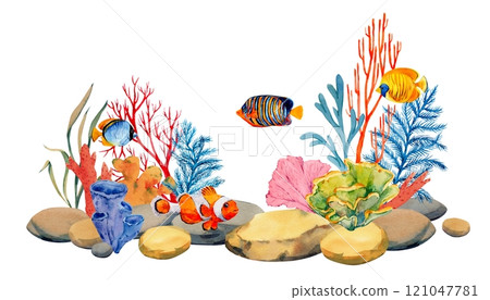 Coral reefs with tropical fish, rocks and algae. Underwater landscape. Bright watercolor illustration. The plot for the design of banners, souvenirs, postcards, posters, design and printing 121047781
