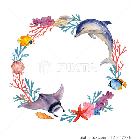 Wreath of marine animals. Watercolor frame of corals, algae, fish, dolphins and rays. Clipart for design in tropical style. Wreath of marine animals. Watercolor frame of corals, algae, fish, dolphins and rays. Clipart for design in tropical style. 121047786