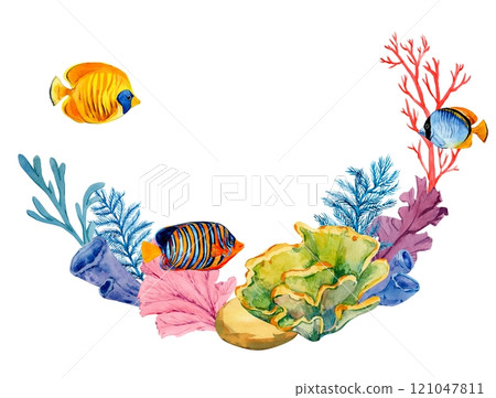Coral reefs with tropical fish, rocks and algae. Underwater landscape. Bright watercolor illustration. The plot for the design of banners, souvenirs, postcards, posters, design and printing 121047811