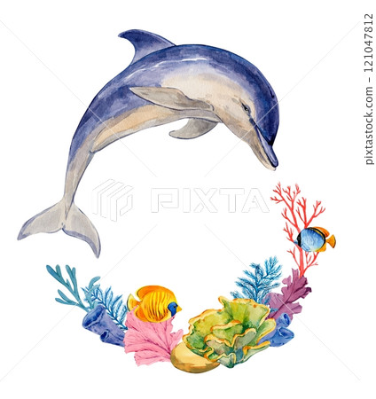 Dolphin jumps on a white background. Composition of corals, tropical fish and algae.Watercolor illustration of Delphinus delphis. A rare marine mammal in need of protection. Dolphin jumps on a white background. Composition of corals, tropical fish and algae.Watercolor illustration of Delphinus delphis. A rare marine mammal in need of protection. 121047812