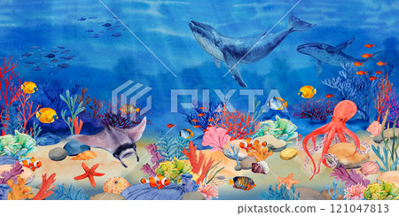 Underwater landscape with coral reef, mana rays, octopus, fish and shells. Seascape, illustration. Ocean water scene with two humpback whales. The bottom of the ocean in the tropics. Underwater landscape with coral reef, mana rays, octopus, fish and shells. Seascape, illustration. Ocean water scene with two humpback whales. The bottom of the ocean in the tropics. 121047813