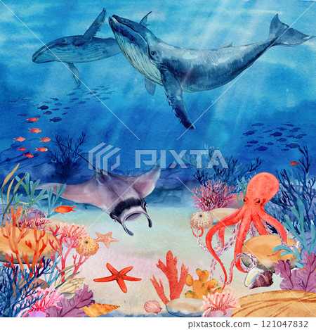Underwater landscape with coral reef, mana rays, fish and shells. Seascape, illustration. Ocean water scene with two humpback whales. The bottom of the ocean in the tropics. 121047832